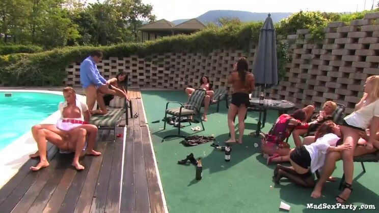 Blonde, Brunette, and Redhead in Group Sex at Pool