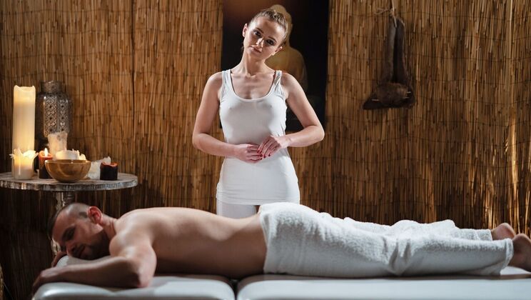 [MassageRooms] - Small Tits Babe Gets Oiled and Reverse Cowgirl