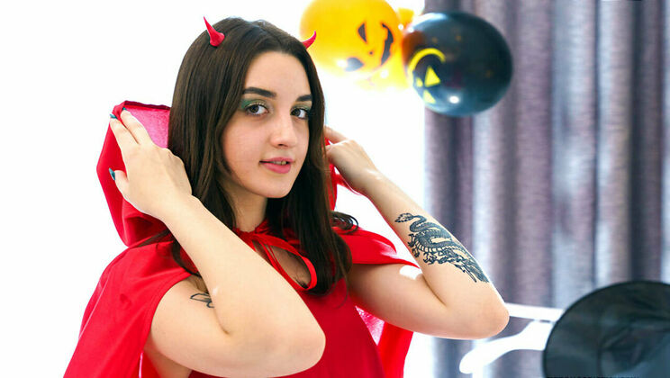 Devil Costume on Brunette Teen Eva Tender