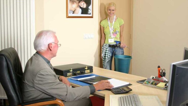 Blonde Office Maid Sucks and Licks Balls