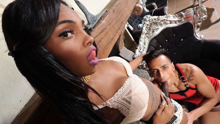 Portuguese Shemale Kiara Fucks Guy and Cums