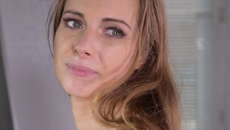 Kinuski In Stockings and Miniskirt Masturbates Shaved Pussy