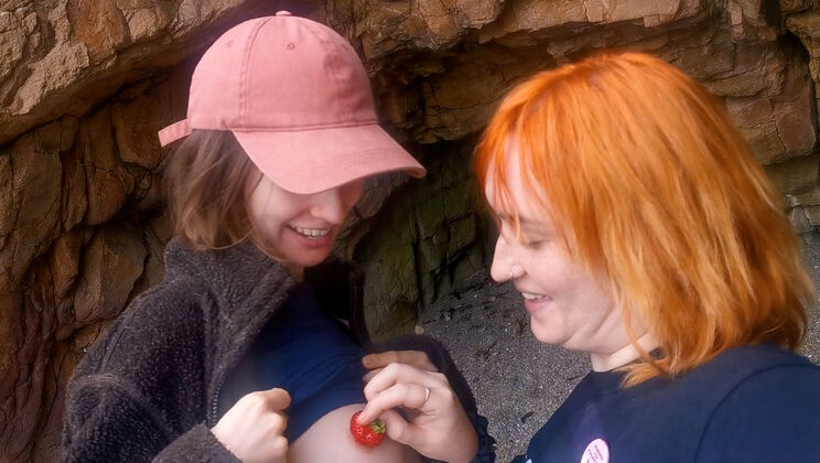 Playful Lesbian POV: Effy and Grainne Spit Strawberries by the Sea